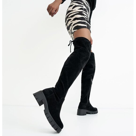 Women's Platform Boots-990-black Over The Knee Thigh High Round Toe Long Boot - Picture 2 of 7